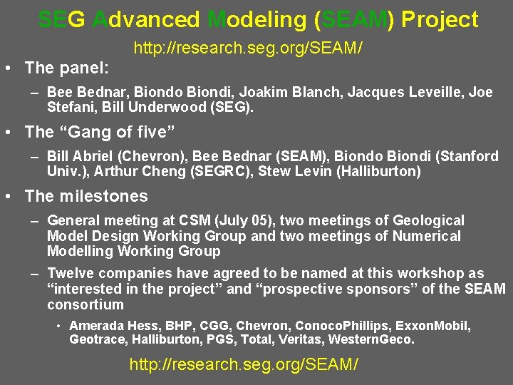 SEG Advanced Modeling (SEAM) Project http: //research. seg. org/SEAM/ • The panel: – Bee