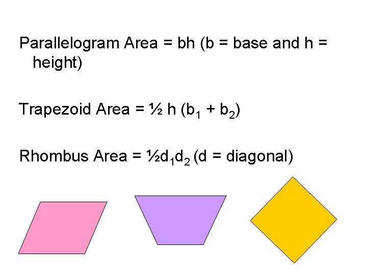 Parallelogram Area = bh (b = base and h = height) Trapezoid Area =