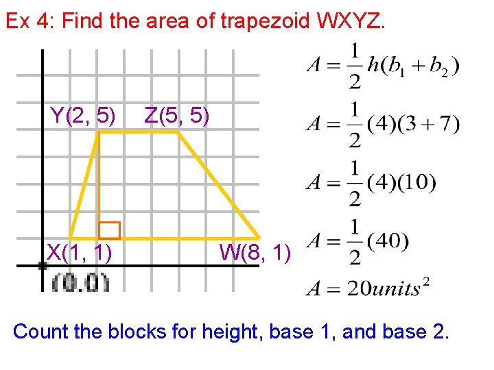 Ex 4: Find the area of trapezoid WXYZ. Y(2, 5) X(1, 1) Z(5, 5)