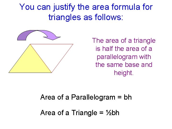You can justify the area formula for triangles as follows: The area of a
