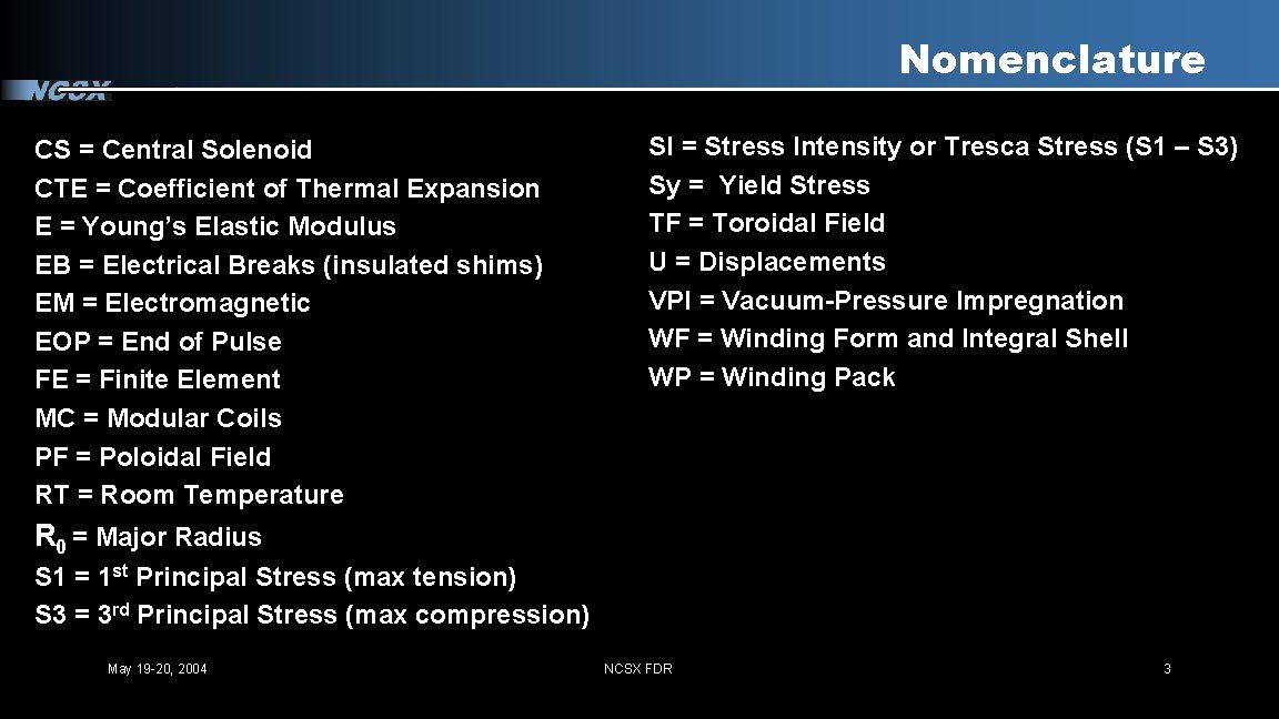 Nomenclature CS = Central Solenoid CTE = Coefficient of Thermal Expansion E = Young’s