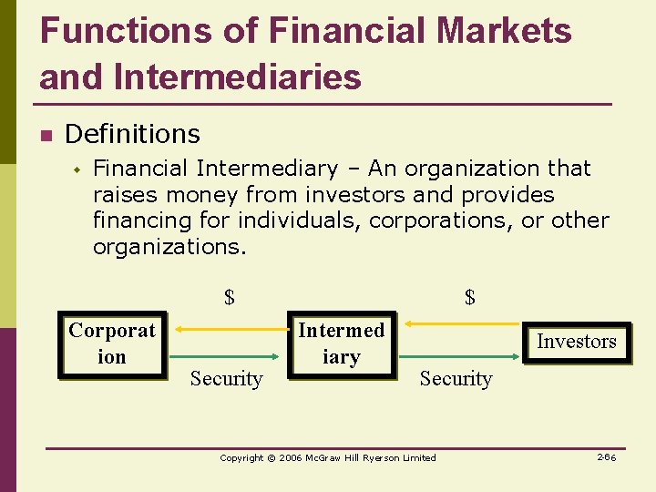 Functions of Financial Markets and Intermediaries n Definitions w Financial Intermediary – An organization