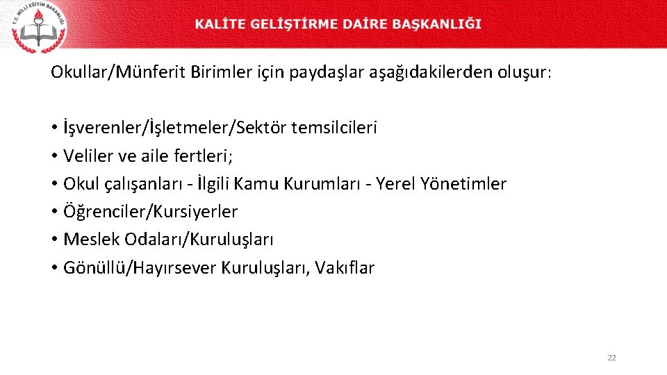 Okullar/Münferit Birimler için paydaşlar aşağıdakilerden oluşur: • İşverenler/İşletmeler/Sektör temsilcileri • Veliler ve aile fertleri;