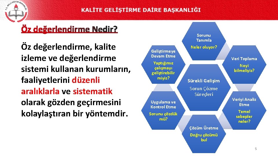 Öz değerlendirme, kalite izleme ve değerlendirme sistemi kullanan kurumların, faaliyetlerini düzenli aralıklarla ve sistematik