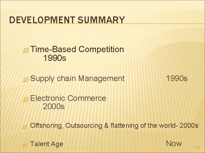 DEVELOPMENT SUMMARY Time-Based Competition 1990 s Supply chain Management 1990 s Electronic Commerce 2000