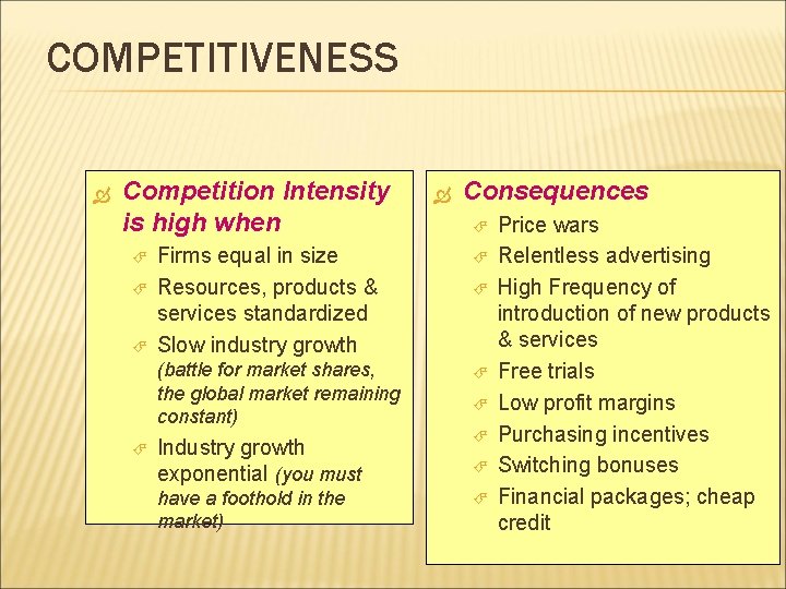 COMPETITIVENESS Competition Intensity is high when Consequences Firms equal in size Resources, products &