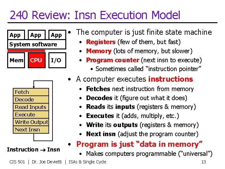 240 Review: Insn Execution Model App App System software Mem CPU I/O • The