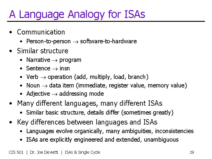 A Language Analogy for ISAs • Communication • Person-to-person software-to-hardware • Similar structure •