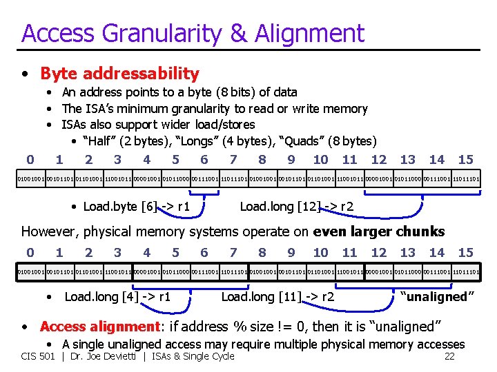 Access Granularity & Alignment • Byte addressability • An address points to a byte
