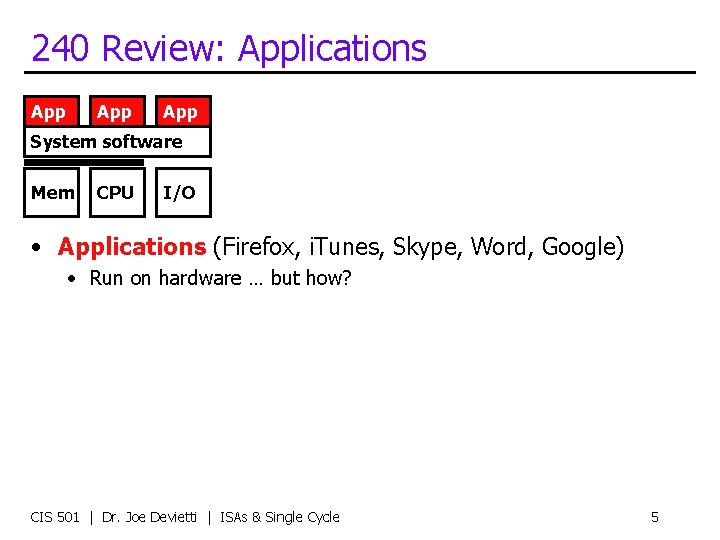 240 Review: Applications App App System software Mem CPU I/O • Applications (Firefox, i.