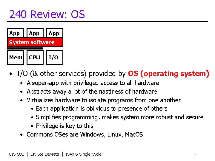 240 Review: OS App App System software Mem CPU I/O • I/O (& other