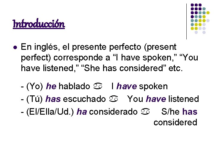 Introducción l En inglés, el presente perfecto (present perfect) corresponde a “I have spoken,