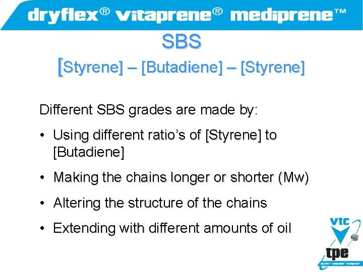 SBS [Styrene] – [Butadiene] – [Styrene] Different SBS grades are made by: • Using