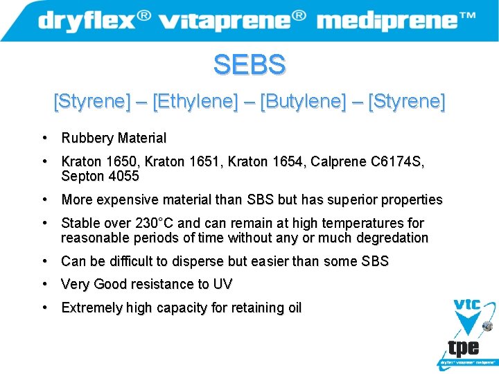 SEBS [Styrene] – [Ethylene] – [Butylene] – [Styrene] • Rubbery Material • Kraton 1650,