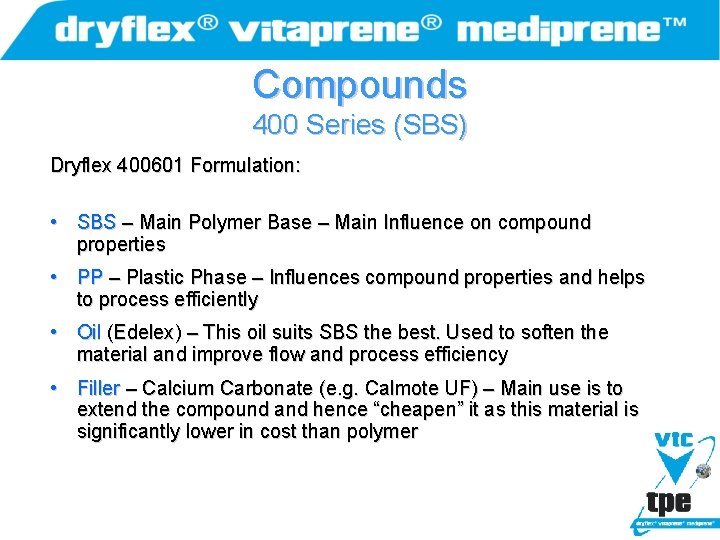 Compounds 400 Series (SBS) Dryflex 400601 Formulation: • SBS – Main Polymer Base –