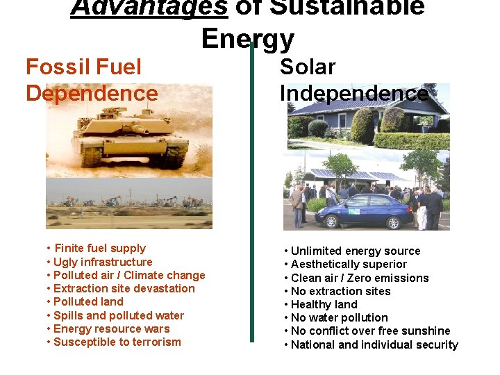 Advantages of Sustainable Energy Fossil Fuel Dependence • Finite fuel supply • Ugly infrastructure