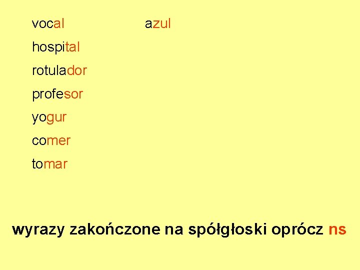 vocal azul hospital rotulador profesor yogur comer tomar wyrazy zakończone na spółgłoski oprócz ns