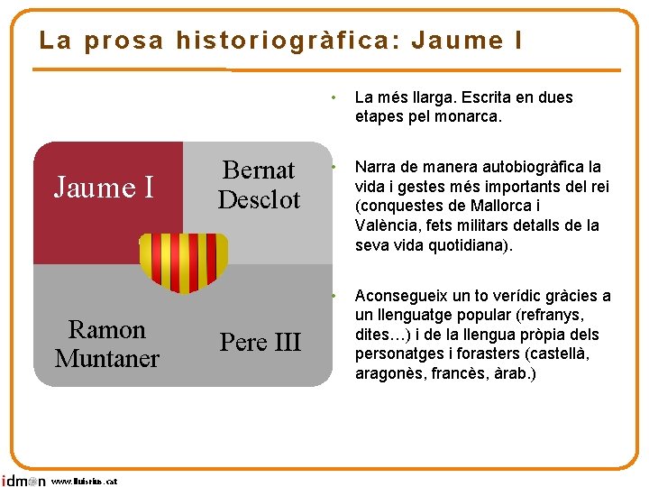 La prosa historiogràfica: Jaume I Ramon Muntaner www. lluisrius. cat Bernat Desclot Pere III