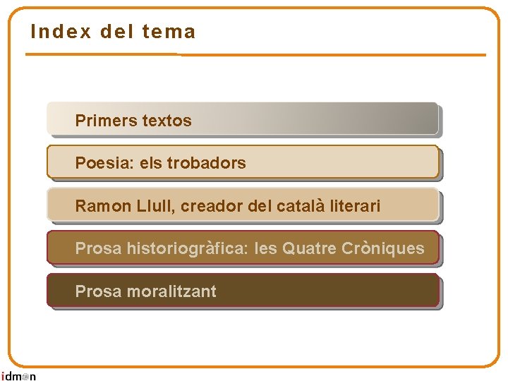 Index del tema Primers textos Poesia: els trobadors Ramon Llull, creador del català literari