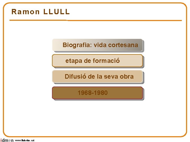 Ramon LLULL Biografia: vida cortesana etapa de formació Difusió de la seva obra 1968