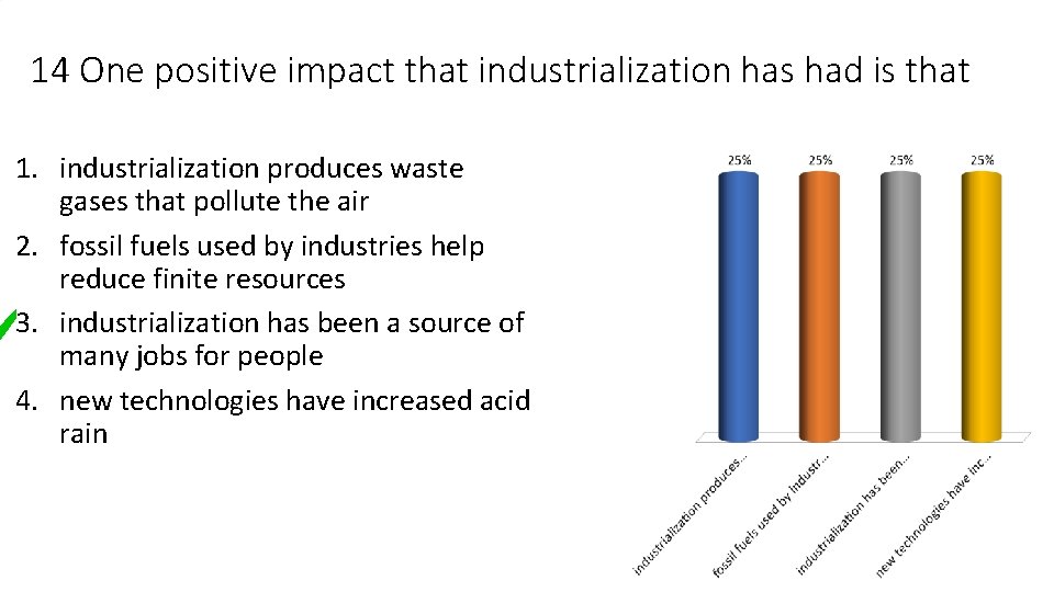 14 One positive impact that industrialization has had is that 1. industrialization produces waste