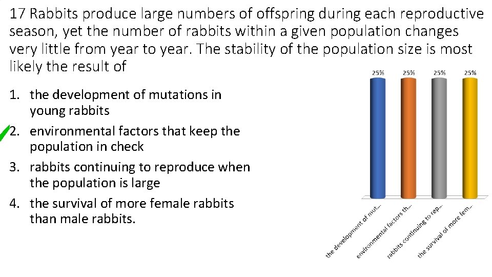 17 Rabbits produce large numbers of offspring during each reproductive season, yet the number