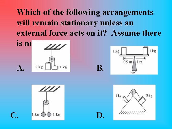 Which of the following arrangements will remain stationary unless an external force acts on