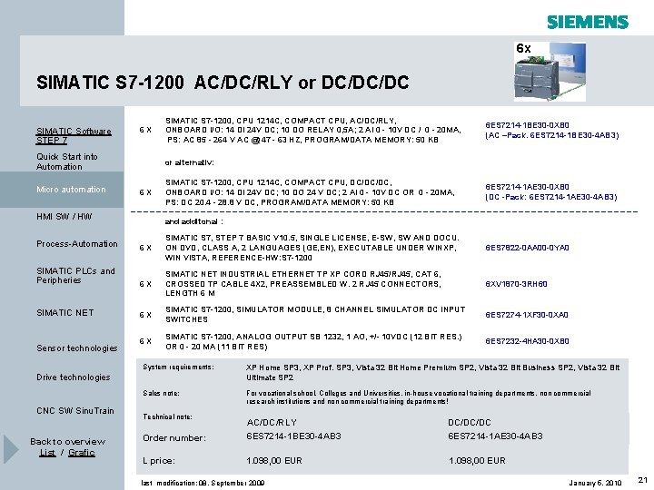 6 x SIMATIC S 7 -1200 AC/DC/RLY or DC/DC/DC SIMATIC Software STEP 7 6 6 x SIMATIC S 7 -1200 AC/DC/RLY or DC/DC/DC SIMATIC Software STEP 7 6