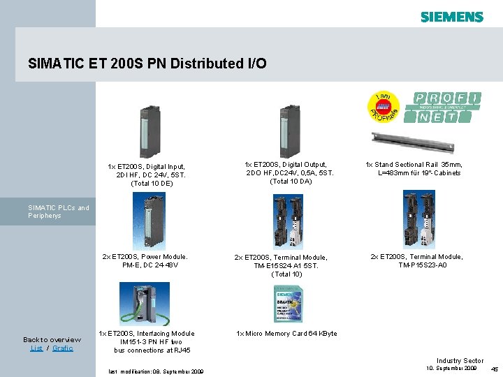 SIMATIC ET 200 S PN Distributed I/O 1 x ET 200 S, Digital Input, SIMATIC ET 200 S PN Distributed I/O 1 x ET 200 S, Digital Input,