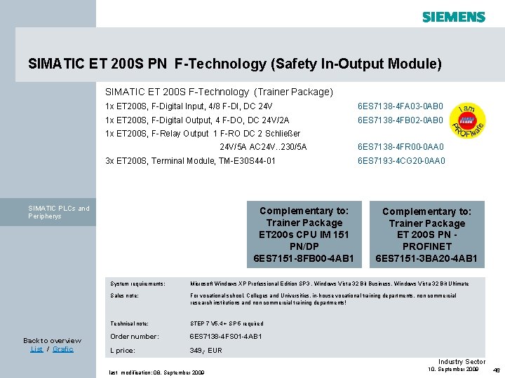 SIMATIC ET 200 S PN F-Technology (Safety In-Output Module) SIMATIC ET 200 S F-Technology SIMATIC ET 200 S PN F-Technology (Safety In-Output Module) SIMATIC ET 200 S F-Technology
