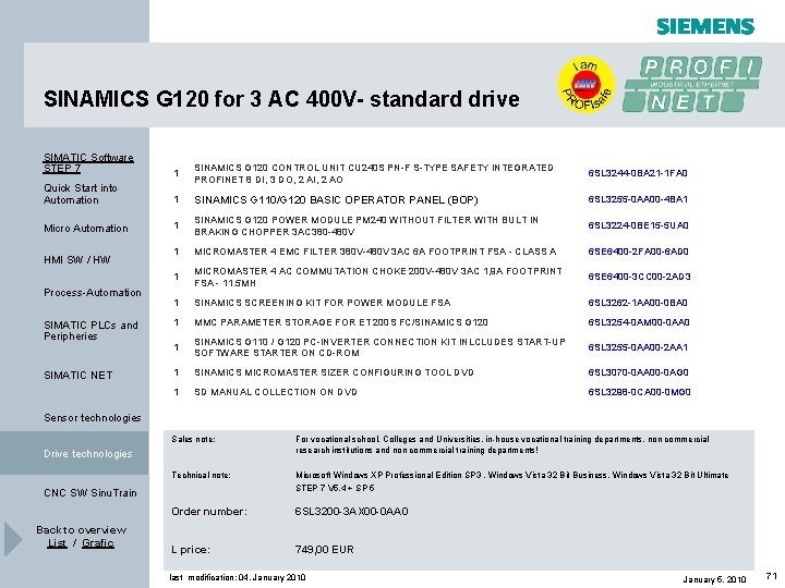 SINAMICS G 120 for 3 AC 400 V- standard drive SIMATIC Software STEP 7 SINAMICS G 120 for 3 AC 400 V- standard drive SIMATIC Software STEP 7