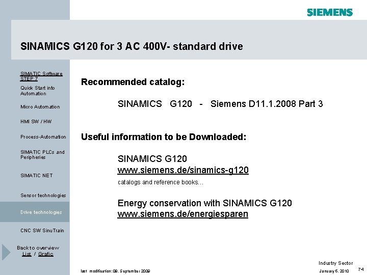 SINAMICS G 120 for 3 AC 400 V- standard drive SIMATIC Software STEP 7 SINAMICS G 120 for 3 AC 400 V- standard drive SIMATIC Software STEP 7