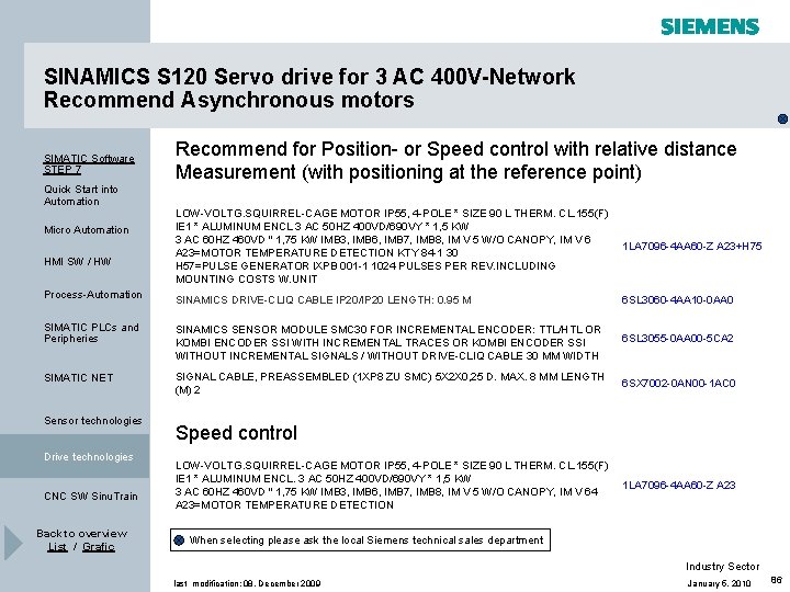 SINAMICS S 120 Servo drive for 3 AC 400 V-Network Recommend Asynchronous motors SIMATIC SINAMICS S 120 Servo drive for 3 AC 400 V-Network Recommend Asynchronous motors SIMATIC