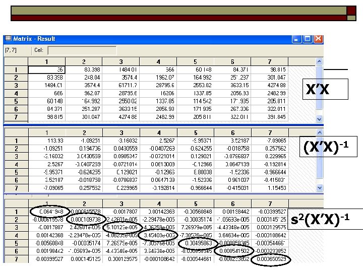 X’X (X’X)-1 s 2(X’X)-1 