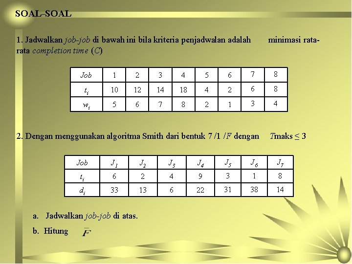 SOAL-SOAL 1. Jadwalkan job-job di bawah ini bila kriteria penjadwalan adalah rata completion time