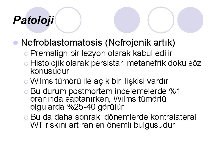 Patoloji l Nefroblastomatosis (Nefrojenik artık) ¡ Premalign bir lezyon olarak kabul edilir ¡ Histolojik Patoloji l Nefroblastomatosis (Nefrojenik artık) ¡ Premalign bir lezyon olarak kabul edilir ¡ Histolojik