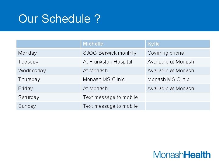 Our Schedule ? Michelle Kylie Monday SJOG Berwick monthly Covering phone Tuesday At Frankston