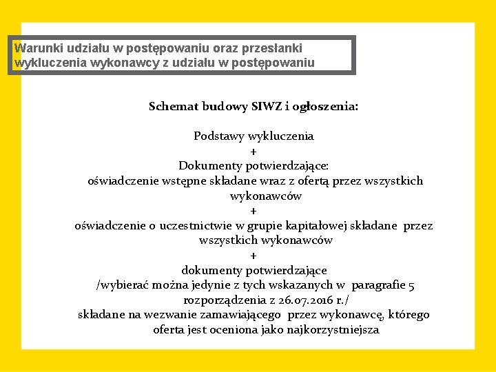 Warunki udziału w postępowaniu oraz przesłanki wykluczenia wykonawcy z udziału w postępowaniu Schemat budowy