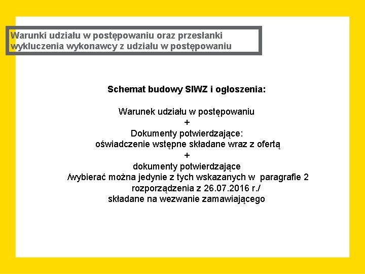 Warunki udziału w postępowaniu oraz przesłanki wykluczenia wykonawcy z udziału w postępowaniu Schemat budowy