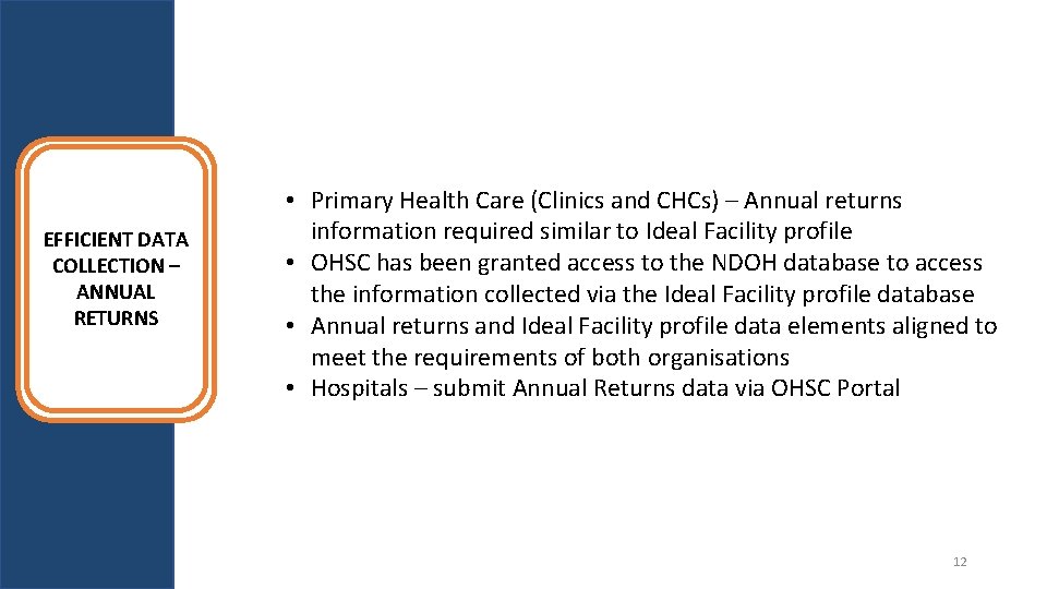 EFFICIENT DATA COLLECTION – ANNUAL RETURNS • Primary Health Care (Clinics and CHCs) –