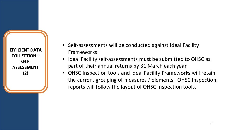 EFFICIENT DATA COLLECTION – SELFASSESSMENT (2) • Self-assessments will be conducted against Ideal Facility