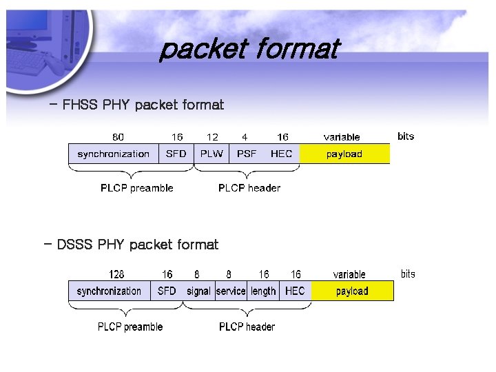 packet format - FHSS PHY packet format - DSSS PHY packet format 