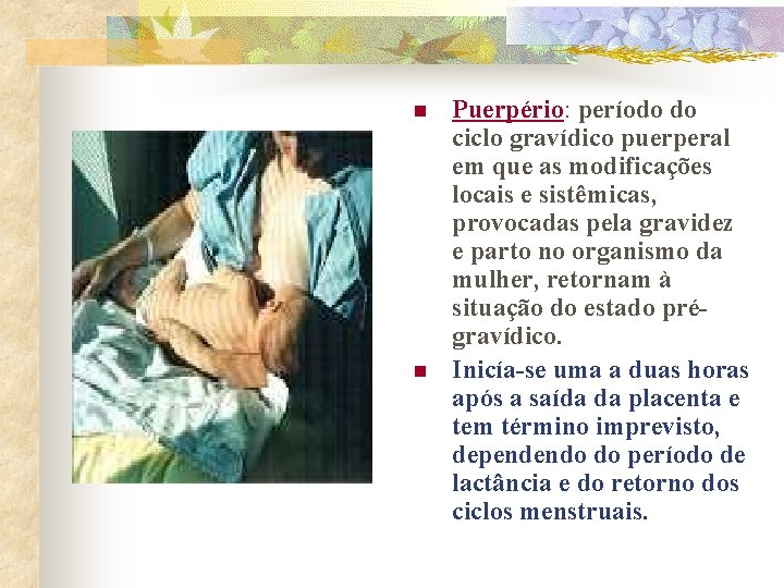 n n Puerpério: período do ciclo gravídico puerperal em que as modificações locais e