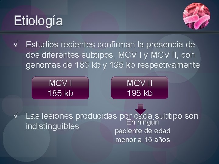 Etiología √ Estudios recientes confirman la presencia de dos diferentes subtipos, MCV I y