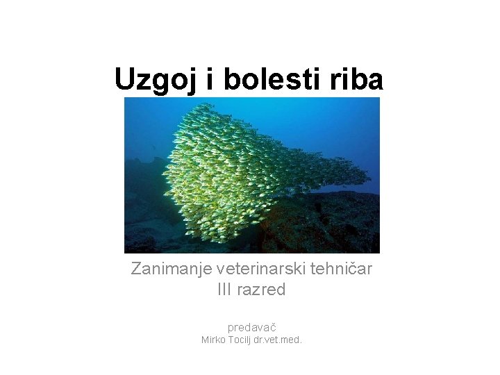Uzgoj i bolesti riba Zanimanje veterinarski tehničar III razred predavač Mirko Tocilj dr. vet.