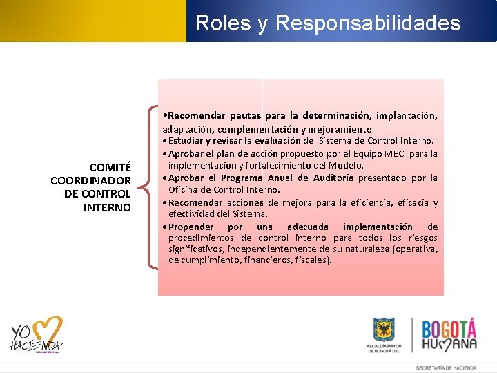 Roles y Responsabilidades • Recomendar pautas para la determinación, implantación, adaptación, complementación y mejoramiento