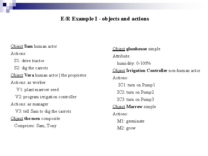 E/R Example I - objects and actions Object Sam human actor Actions: S 1: