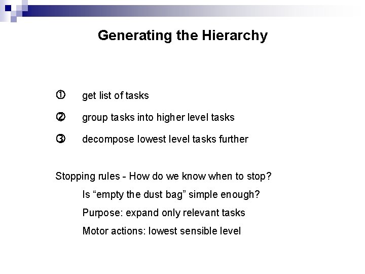 Generating the Hierarchy get list of tasks group tasks into higher level tasks decompose