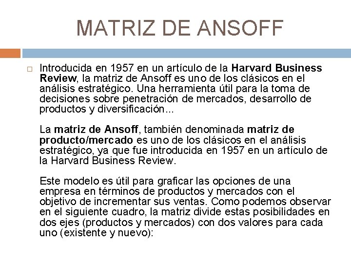 MATRIZ DE ANSOFF Introducida en 1957 en un artículo de la Harvard Business Review, MATRIZ DE ANSOFF Introducida en 1957 en un artículo de la Harvard Business Review,