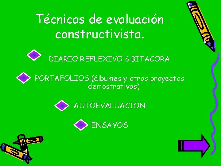 Técnicas de evaluación constructivista. DIARIO REFLEXIVO ó BITACORA PORTAFOLIOS (álbumes y otros proyectos demostrativos)